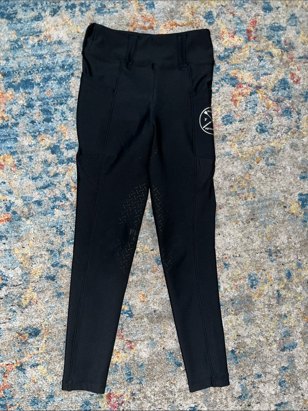 Kids Black Equestrian Grip-Seat Riding Leggings with Logo